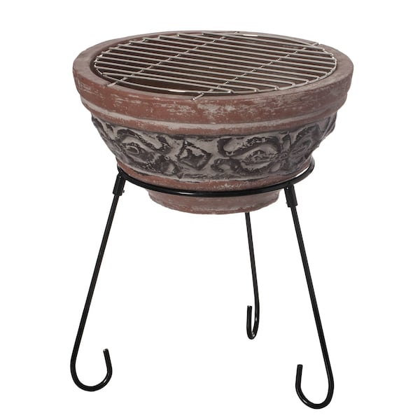 Vintiquewise Outdoor Small Red and Grey Grill Clay Fire Pit and Accent Design and Metal Stand QI004353 - main